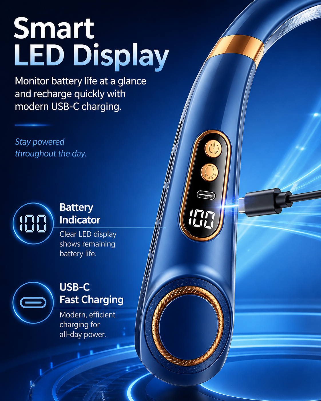 Portable Neck Fan,LED Hands-Free Bladeless, 5 Speeds, 4000 mAh Battery Operated Wearable Personal Fan, Twistable, Rechargeable