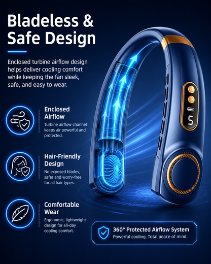 Portable Neck Fan,LED Hands-Free Bladeless, 5 Speeds, 4000 mAh Battery Operated Wearable Personal Fan, Twistable, Rechargeable