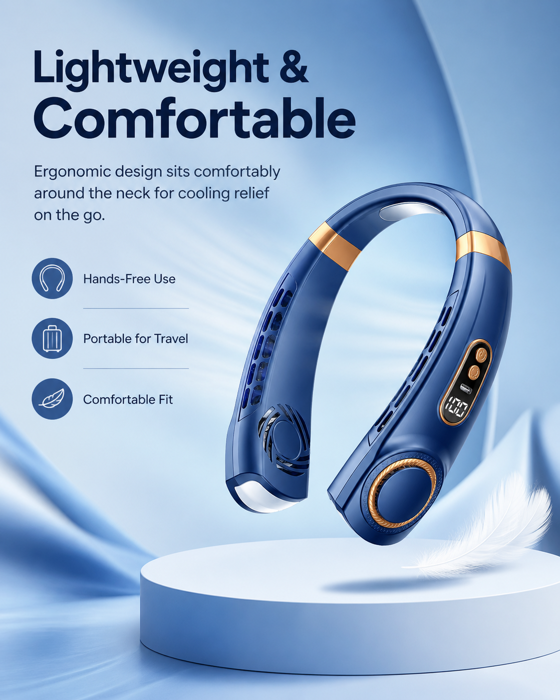 Portable Neck Fan,LED Hands-Free Bladeless, 5 Speeds, 4000 mAh Battery Operated Wearable Personal Fan, Twistable, Rechargeable
