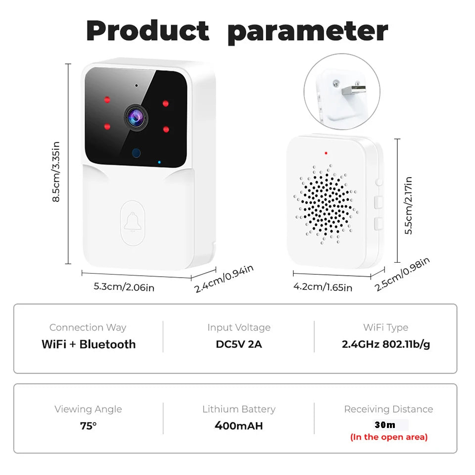 Smart WiFi Video Wireless Doorbell Night Vision Two Way Audio Alarm Notification Push Rechargeable Battery