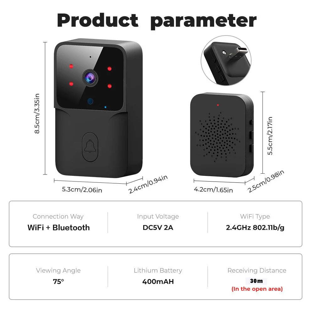 Smart WiFi Video Wireless Doorbell Night Vision Two Way Audio Alarm Notification Push Rechargeable Battery